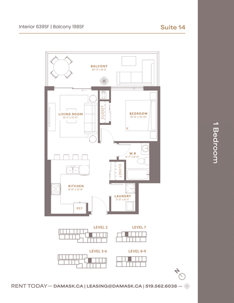Floor plan for 1 bed, 1 bath, 638 sqft